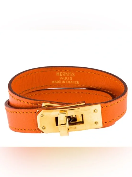 Hermes Kelly Double Tour Leather Bracelet Orange Gold Leather Bracelet - Picture 1 of 13
